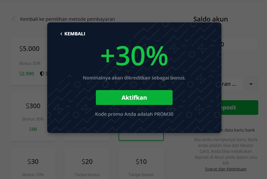 Aktifkan kode promosi Olymp Trade pada akun Anda