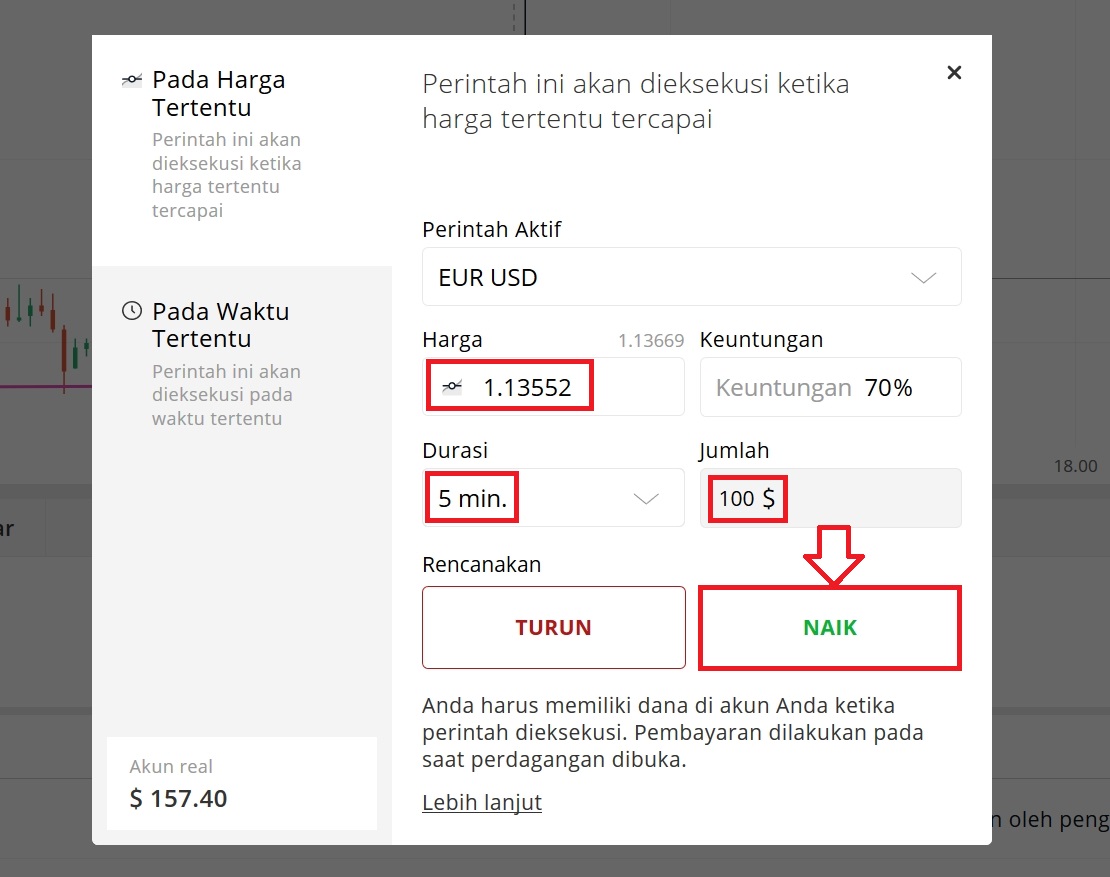 Buat new perintah di Olymp Trade