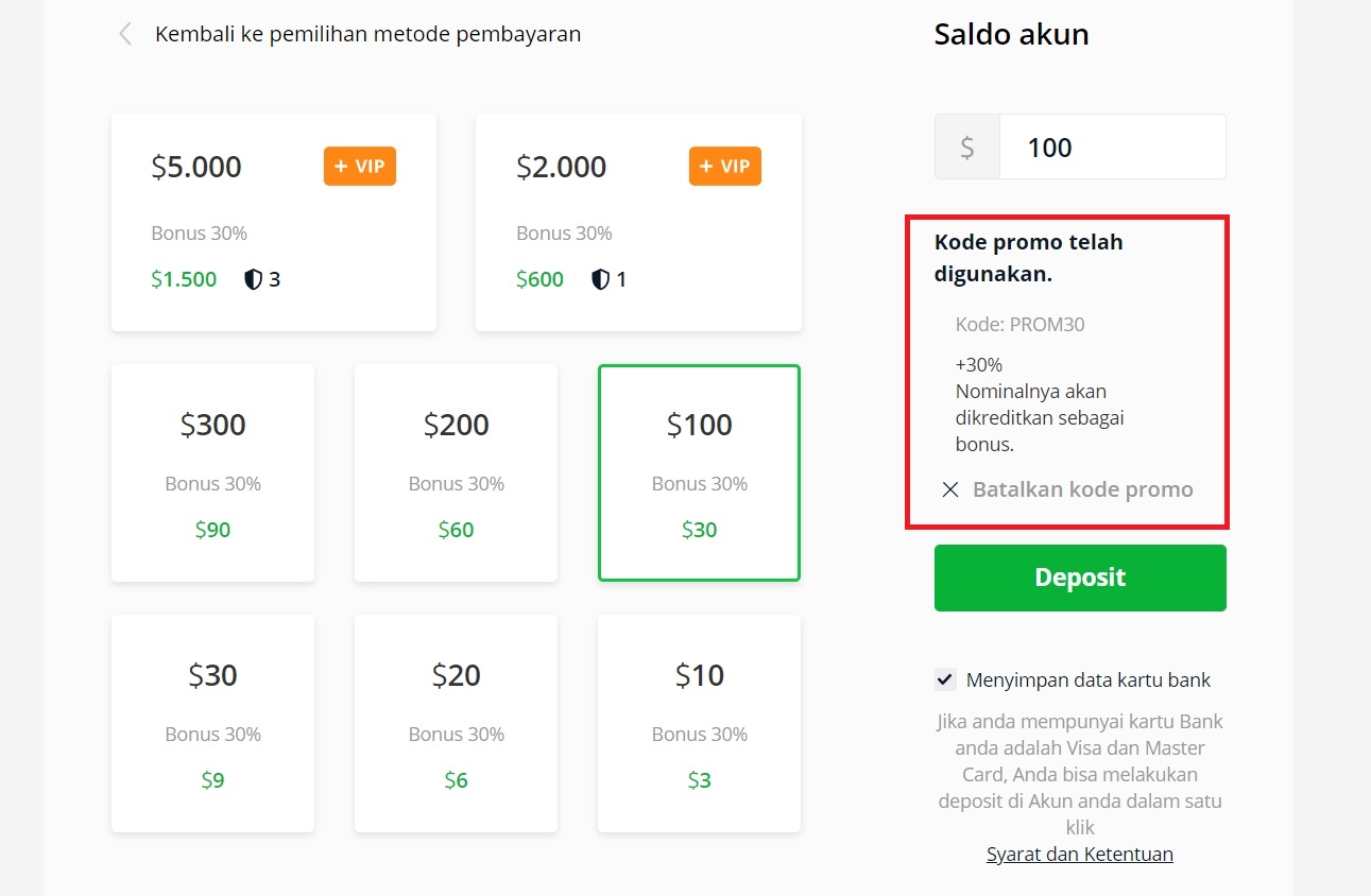 Deposit di akun Olymp Trade setelah mengaktifkan kode promosi Anda