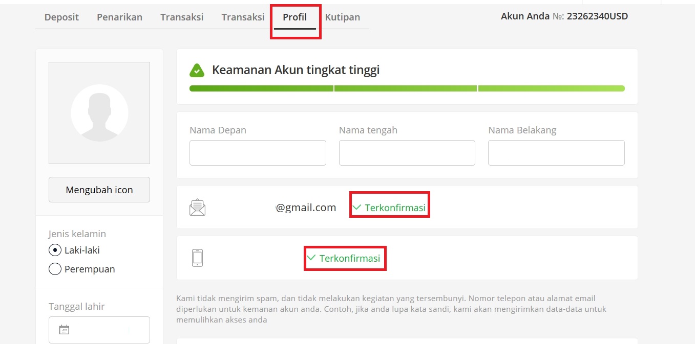 Isi informasi akun Anda di Olymp Trade