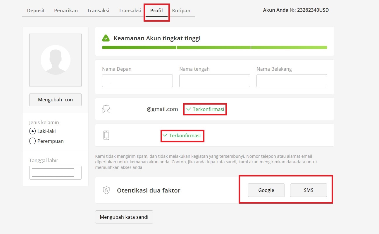 Isi informasi akun Anda pada Olymp Trade