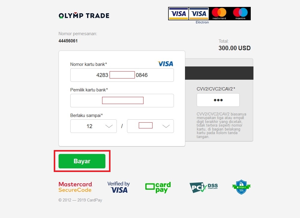 Isi informasi kartu Visa / Mastercard dan klik Pay
