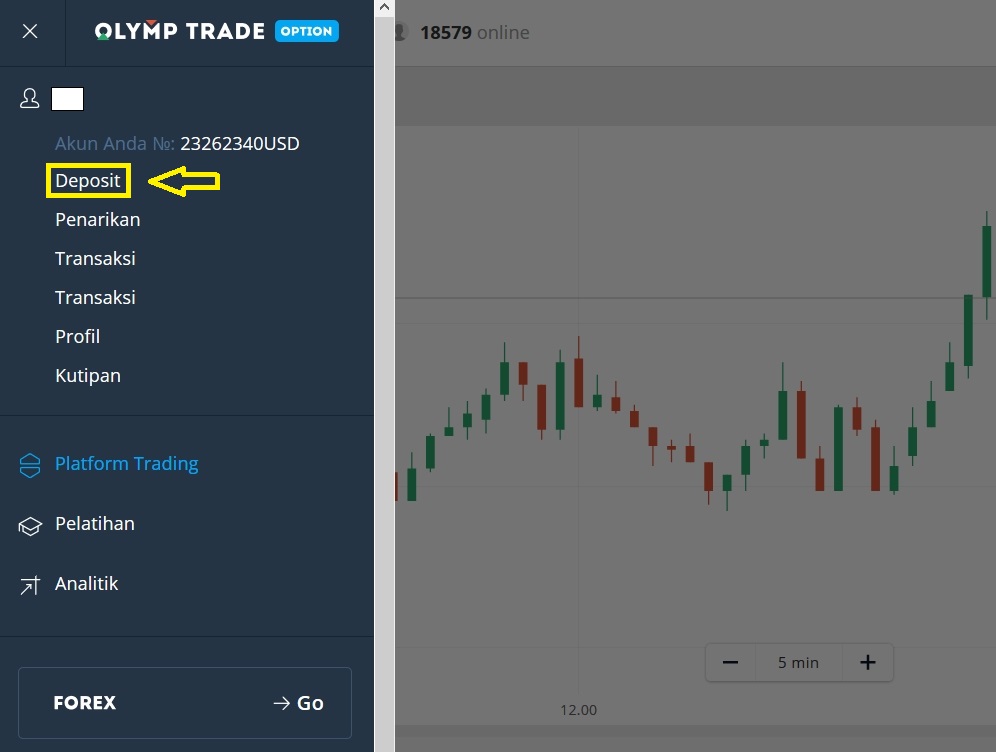 Masuk ke akun Olymp Trade Anda dan klik Deposit