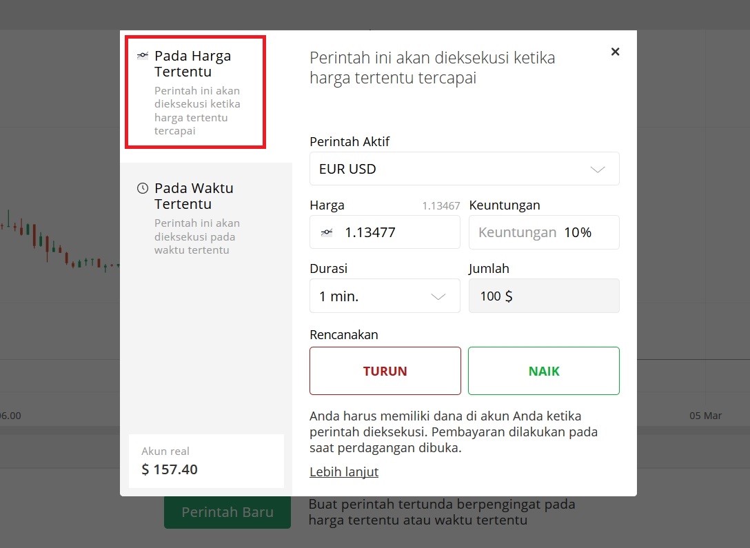 Membuka perintah tertunda dengan harga aset di Olymp Trade