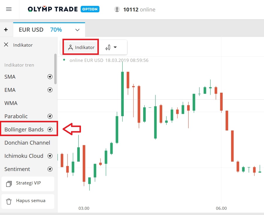 Petunjuk untuk menyetel indikator Bollinger Bands di Olymp Trade