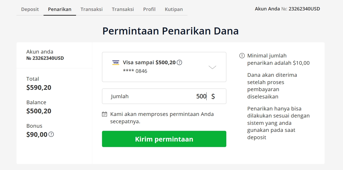 Pilih akun Visa/Mastercard yang ingin Anda tarik uangnya