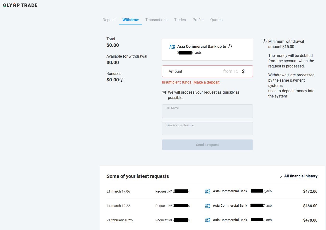 Menarik uang dari Olymp Trade ke rekening bank